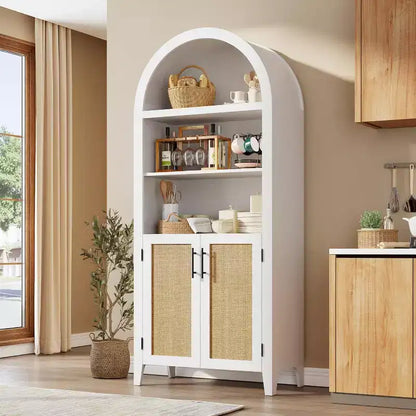 Arched Bookcase with Doors - 5 Tier Open Display Shelf with Rattan Decor, Modern Bookshelf Storage Cabinet for Home Office Living Room Library