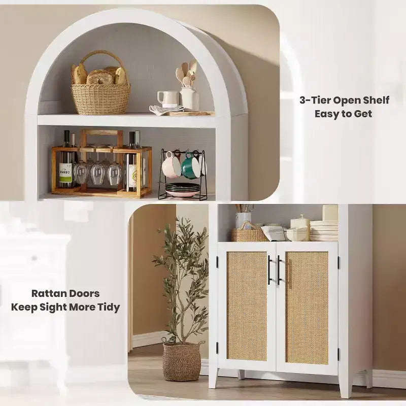 Arched Bookcase with Doors - 5 Tier Open Display Shelf with Rattan Decor, Modern Bookshelf Storage Cabinet for Home Office Living Room Library
