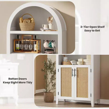 Arched Bookcase with Doors - 5 Tier Open Display Shelf with Rattan Decor, Modern Bookshelf Storage Cabinet for Home Office Living Room Library