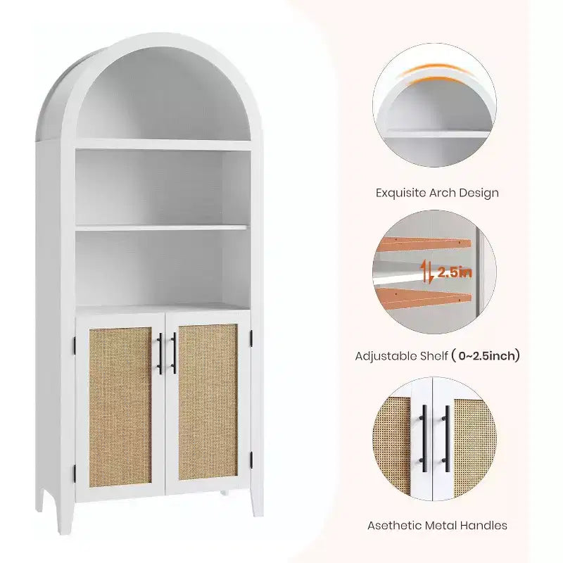 Arched Bookcase with Doors - 5 Tier Open Display Shelf with Rattan Decor, Modern Bookshelf Storage Cabinet for Home Office Living Room Library