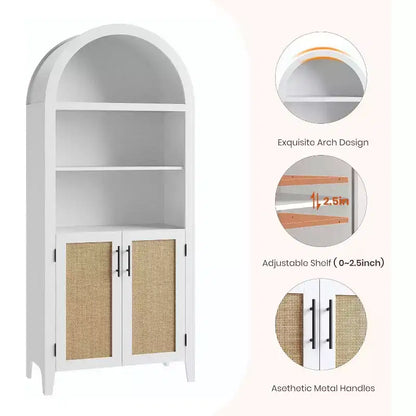 Arched Bookcase with Doors - 5 Tier Open Display Shelf with Rattan Decor, Modern Bookshelf Storage Cabinet for Home Office Living Room Library