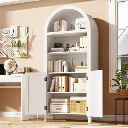Arched Bookcase with Doors - 5 Tier Open Display Shelf with Rattan Decor, Modern Bookshelf Storage Cabinet for Home Office Living Room Library