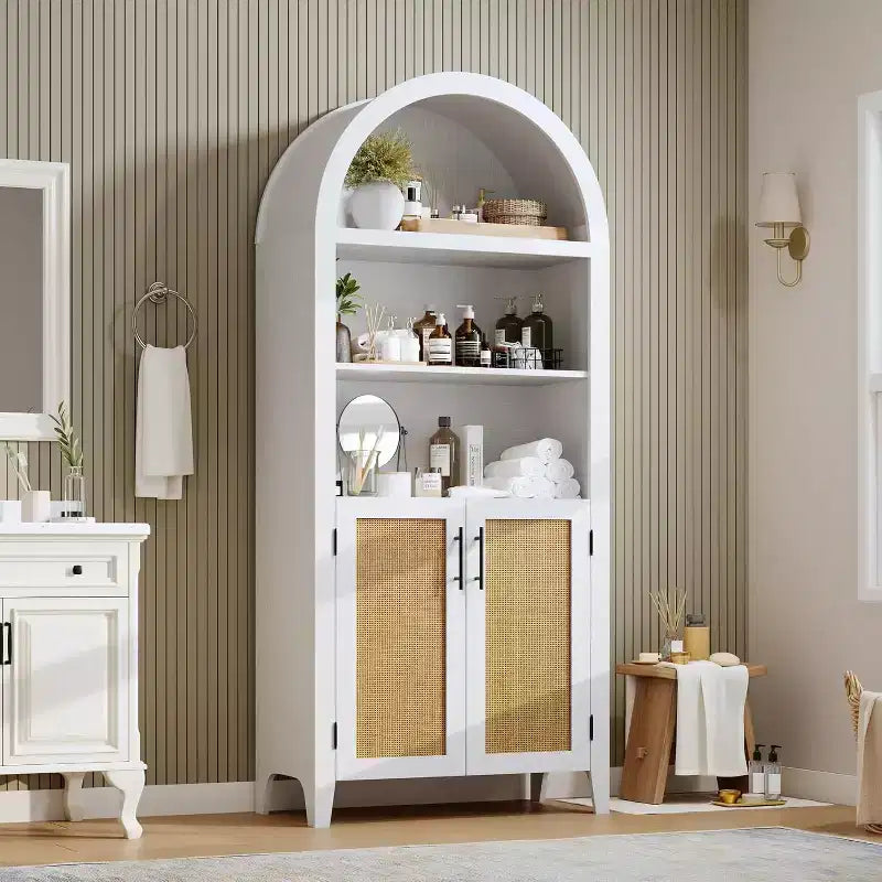 Arched Bookcase with Doors - 5 Tier Open Display Shelf with Rattan Decor, Modern Bookshelf Storage Cabinet for Home Office Living Room Library
