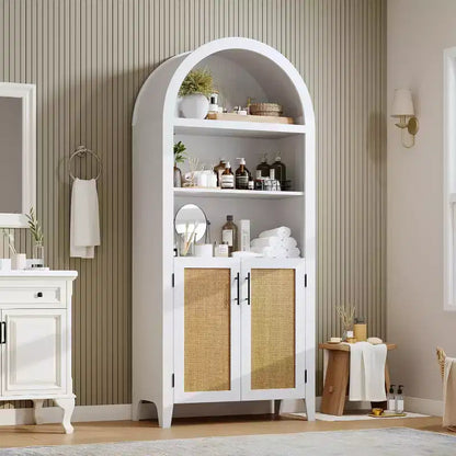 Arched Bookcase with Doors - 5 Tier Open Display Shelf with Rattan Decor, Modern Bookshelf Storage Cabinet for Home Office Living Room Library