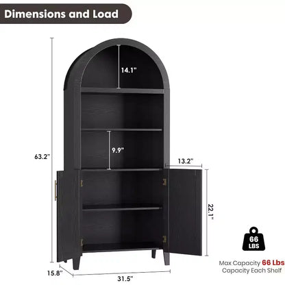 Arched Bookcase with Doors - 5 Tier Open Display Shelf with Rattan Decor, Modern Bookshelf Storage Cabinet for Home Office Living Room Library