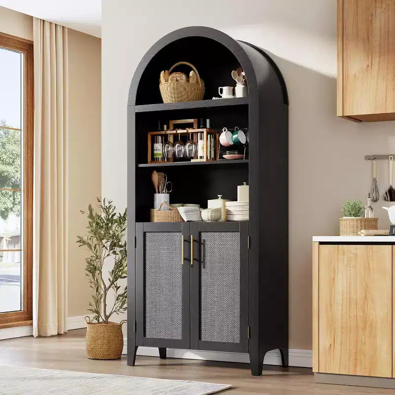 Arched Bookcase with Doors - 5 Tier Open Display Shelf with Rattan Decor, Modern Bookshelf Storage Cabinet for Home Office Living Room Library