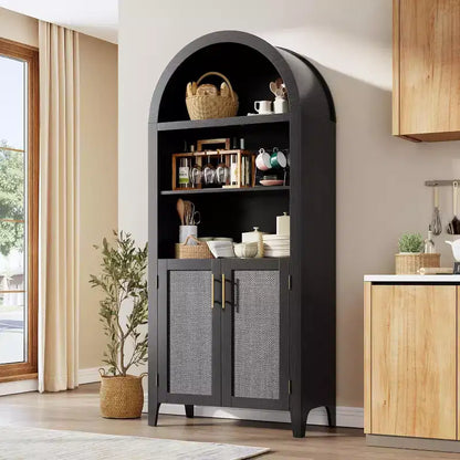 Arched Bookcase with Doors - 5 Tier Open Display Shelf with Rattan Decor, Modern Bookshelf Storage Cabinet for Home Office Living Room Library