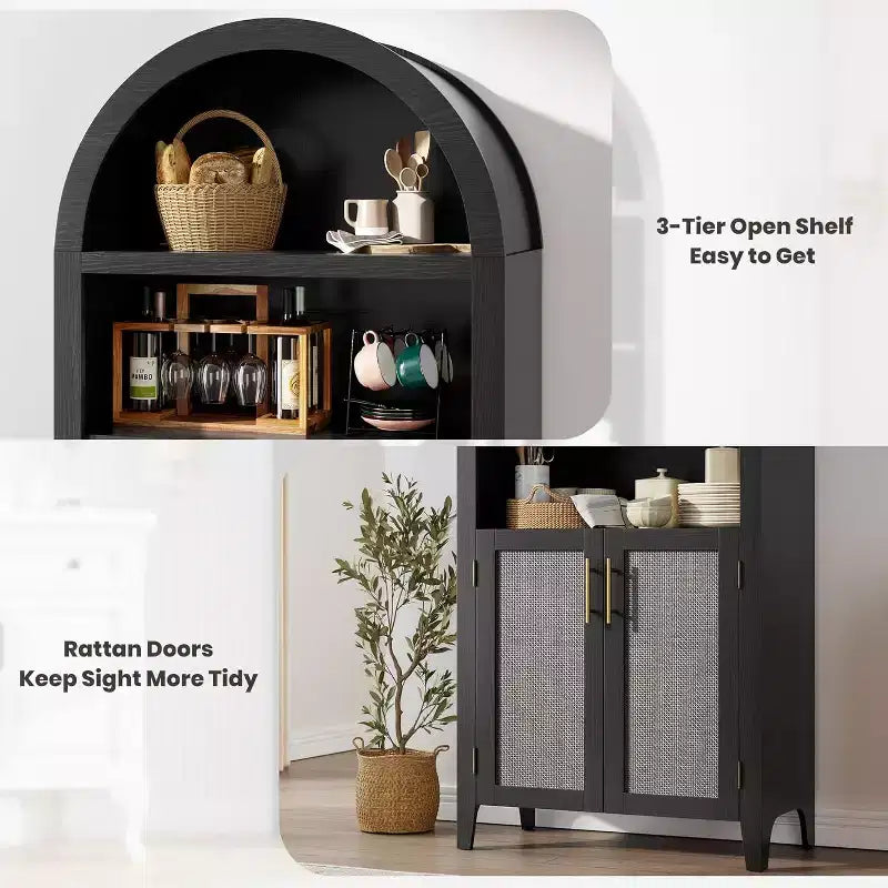 Arched Bookcase with Doors - 5 Tier Open Display Shelf with Rattan Decor, Modern Bookshelf Storage Cabinet for Home Office Living Room Library
