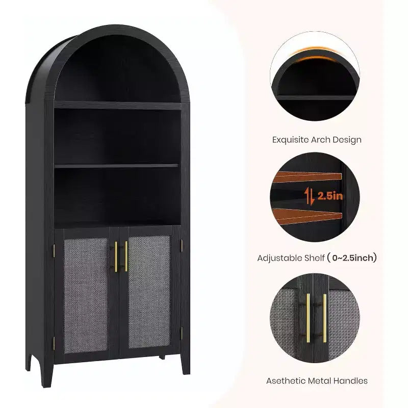 Arched Bookcase with Doors - 5 Tier Open Display Shelf with Rattan Decor, Modern Bookshelf Storage Cabinet for Home Office Living Room Library