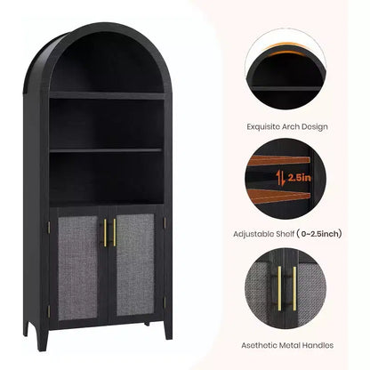 Arched Bookcase with Doors - 5 Tier Open Display Shelf with Rattan Decor, Modern Bookshelf Storage Cabinet for Home Office Living Room Library