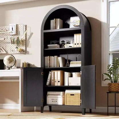 Arched Bookcase with Doors - 5 Tier Open Display Shelf with Rattan Decor, Modern Bookshelf Storage Cabinet for Home Office Living Room Library