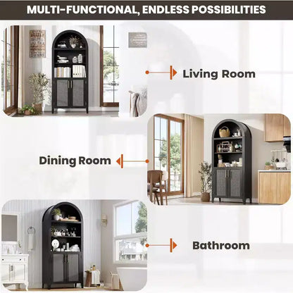 Arched Bookcase with Doors - 5 Tier Open Display Shelf with Rattan Decor, Modern Bookshelf Storage Cabinet for Home Office Living Room Library