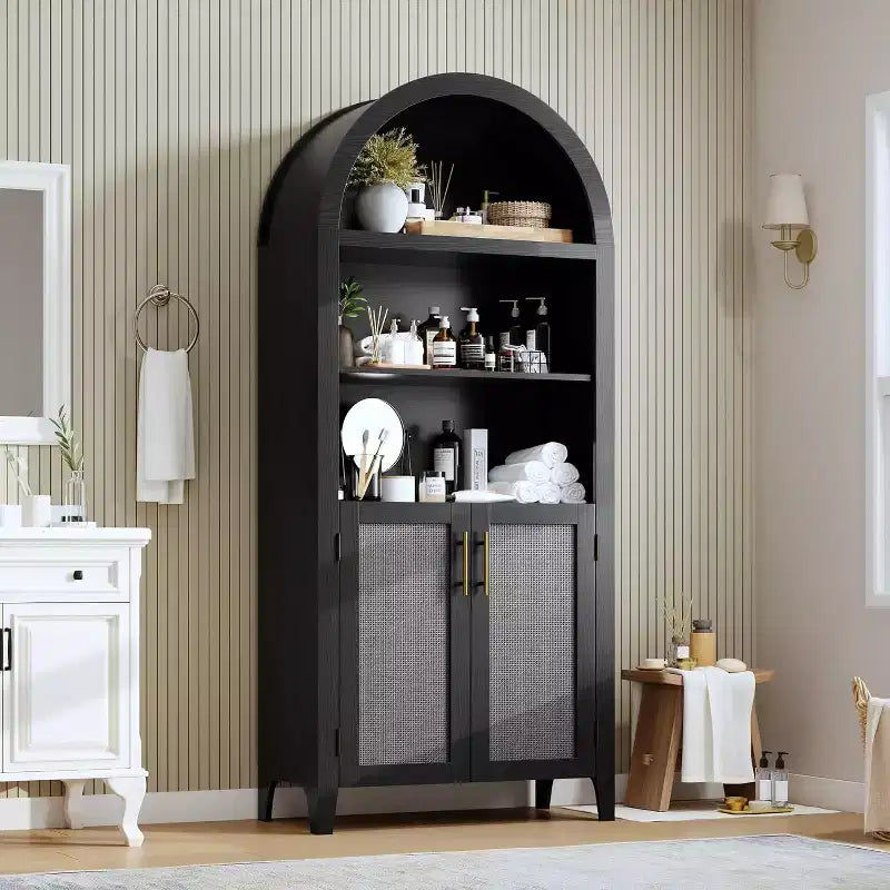 Arched Bookcase with Doors - 5 Tier Open Display Shelf with Rattan Decor, Modern Bookshelf Storage Cabinet for Home Office Living Room Library
