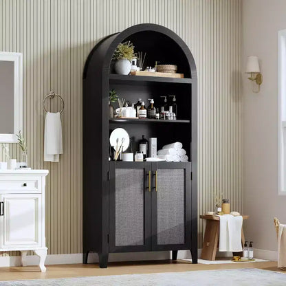 Arched Bookcase with Doors - 5 Tier Open Display Shelf with Rattan Decor, Modern Bookshelf Storage Cabinet for Home Office Living Room Library