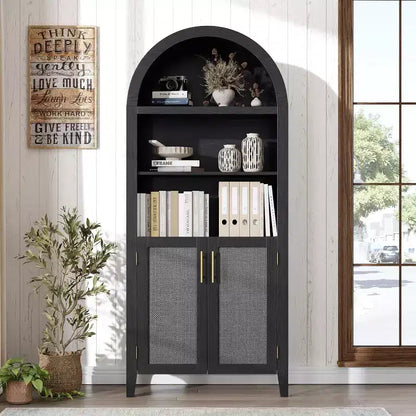 Arched Bookcase with Doors - 5 Tier Open Display Shelf with Rattan Decor, Modern Bookshelf Storage Cabinet for Home Office Living Room Library