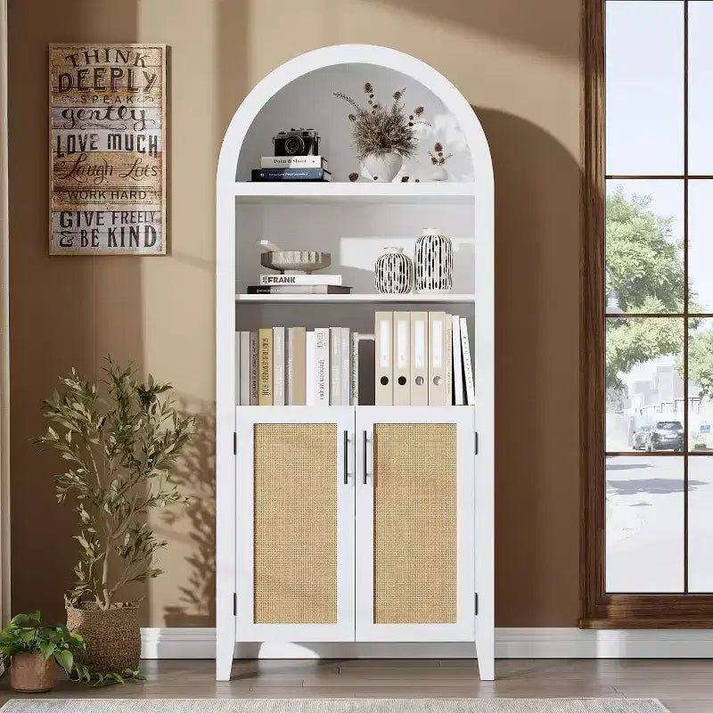 Arched Bookcase with Doors - 5 Tier Open Display Shelf with Rattan Decor, Modern Bookshelf Storage Cabinet for Home Office Living Room Library