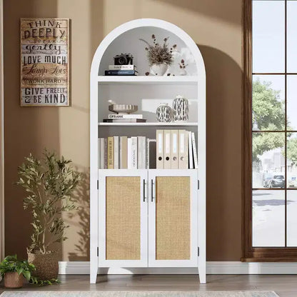 Arched Bookcase with Doors - 5 Tier Open Display Shelf with Rattan Decor, Modern Bookshelf Storage Cabinet for Home Office Living Room Library