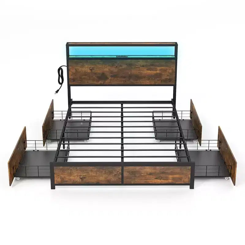 Costway Full/Queen Industrial Platform Bed Frame with Storage Drawers & LED Lights Headboard