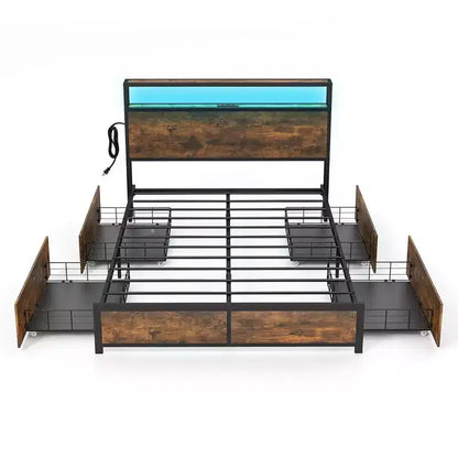 Costway Full/Queen Industrial Platform Bed Frame with Storage Drawers & LED Lights Headboard