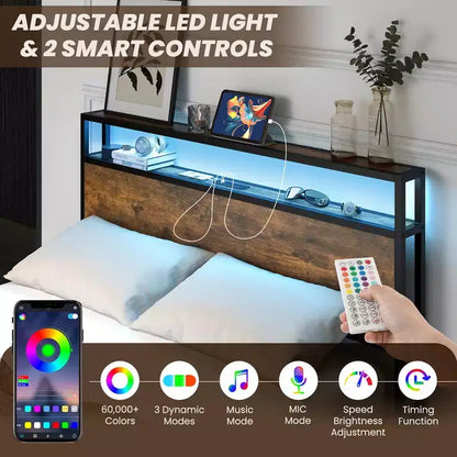 Cadre de lit plateforme industriel Costway double/queen avec tiroirs de rangement et tête de lit avec lumières LED