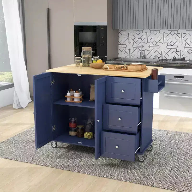Kitchen Cart with Wood Top and Drop Leaf Breakfast Bar, Rolling Mobile Kitchen Island with Storage and Towel Rack