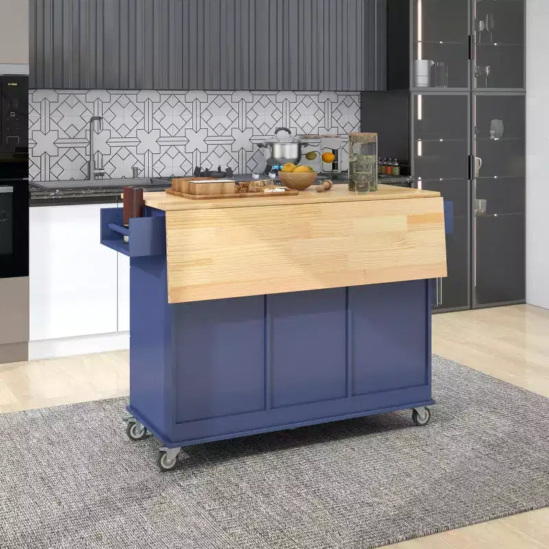 Kitchen Cart with Wood Top and Drop Leaf Breakfast Bar, Rolling Mobile Kitchen Island with Storage and Towel Rack