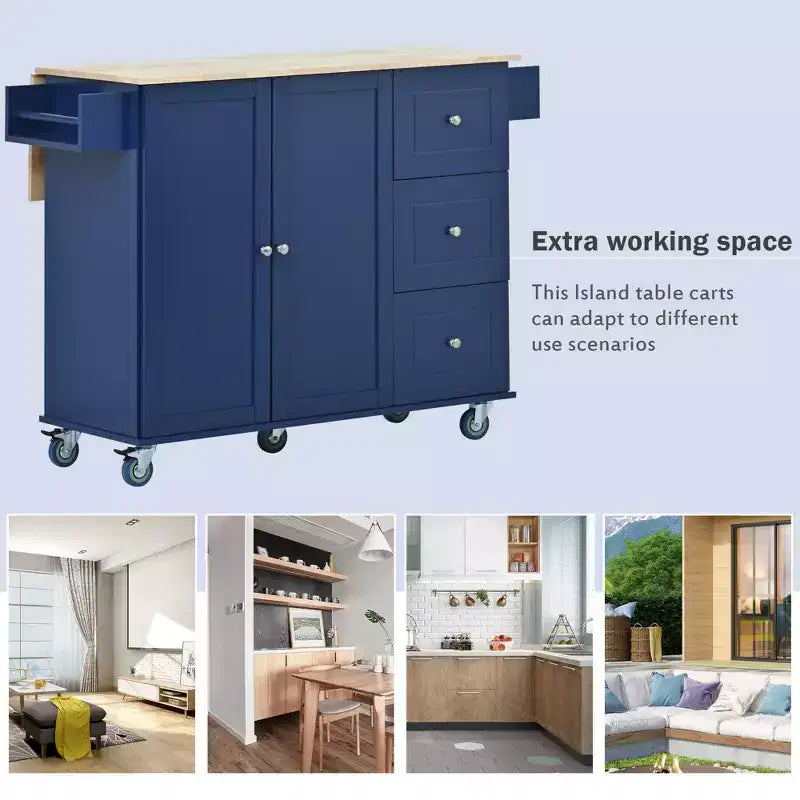 Kitchen Cart with Wood Top and Drop Leaf Breakfast Bar, Rolling Mobile Kitchen Island with Storage and Towel Rack