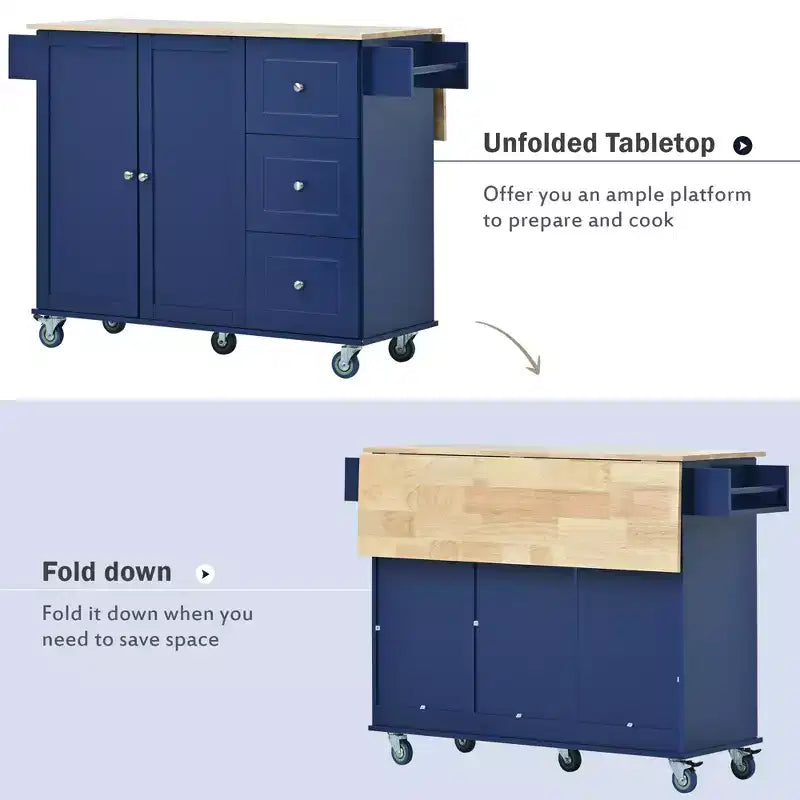 Kitchen Cart with Wood Top and Drop Leaf Breakfast Bar, Rolling Mobile Kitchen Island with Storage and Towel Rack