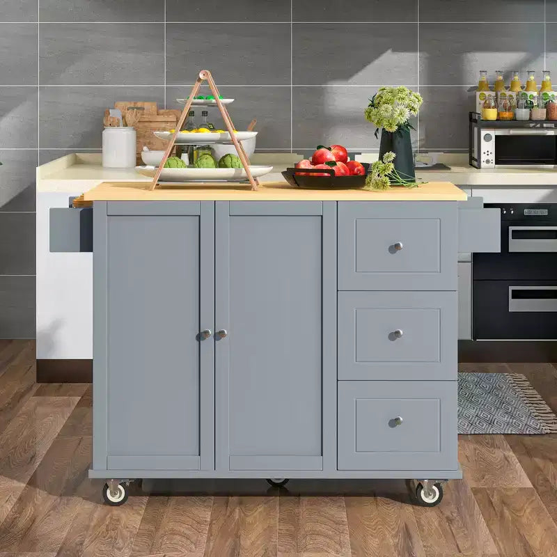 Kitchen Cart with Wood Top and Drop Leaf Breakfast Bar, Rolling Mobile Kitchen Island with Storage and Towel Rack
