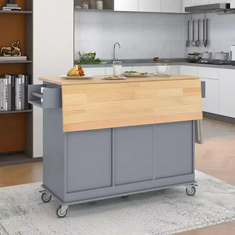 Kitchen Cart with Wood Top and Drop Leaf Breakfast Bar, Rolling Mobile Kitchen Island with Storage and Towel Rack