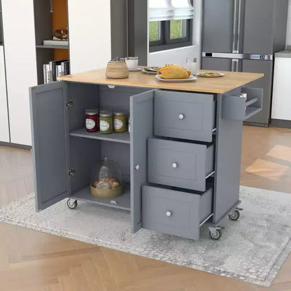 Kitchen Cart with Wood Top and Drop Leaf Breakfast Bar, Rolling Mobile Kitchen Island with Storage and Towel Rack