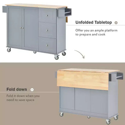 Kitchen Cart with Wood Top and Drop Leaf Breakfast Bar, Rolling Mobile Kitchen Island with Storage and Towel Rack