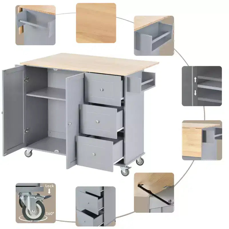 Kitchen Cart with Wood Top and Drop Leaf Breakfast Bar, Rolling Mobile Kitchen Island with Storage and Towel Rack