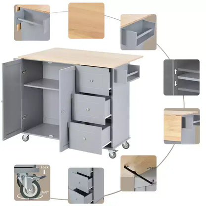 Kitchen Cart with Wood Top and Drop Leaf Breakfast Bar, Rolling Mobile Kitchen Island with Storage and Towel Rack
