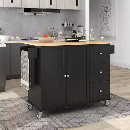 Kitchen Cart with Wood Top and Drop Leaf Breakfast Bar, Rolling Mobile Kitchen Island with Storage and Towel Rack