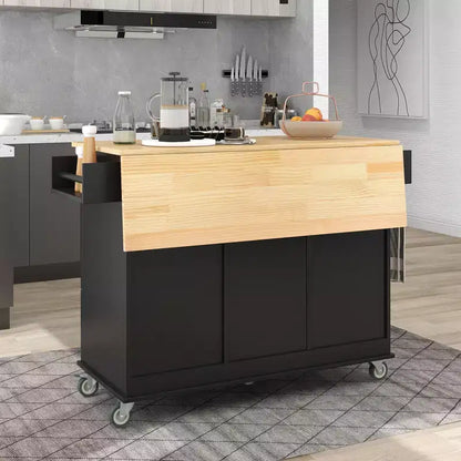 Kitchen Cart with Wood Top and Drop Leaf Breakfast Bar, Rolling Mobile Kitchen Island with Storage and Towel Rack