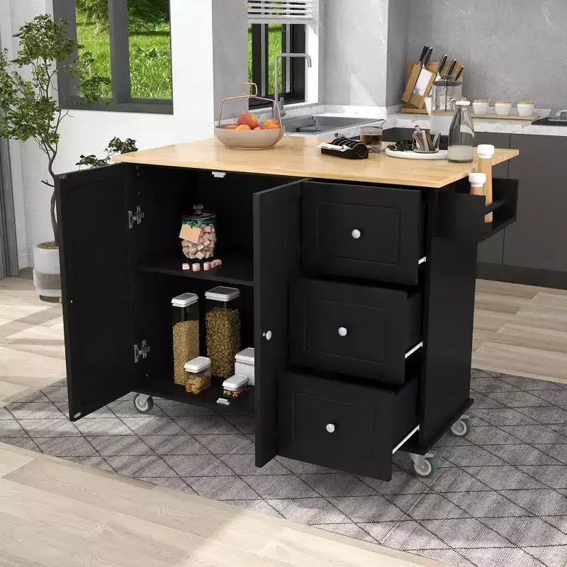 Kitchen Cart with Wood Top and Drop Leaf Breakfast Bar, Rolling Mobile Kitchen Island with Storage and Towel Rack