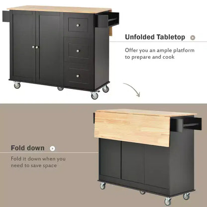 Kitchen Cart with Wood Top and Drop Leaf Breakfast Bar, Rolling Mobile Kitchen Island with Storage and Towel Rack