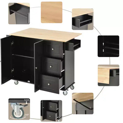 Kitchen Cart with Wood Top and Drop Leaf Breakfast Bar, Rolling Mobile Kitchen Island with Storage and Towel Rack