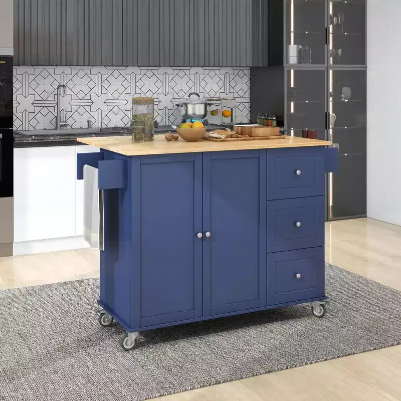 Kitchen Cart with Wood Top and Drop Leaf Breakfast Bar, Rolling Mobile Kitchen Island with Storage and Towel Rack