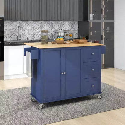 Kitchen Cart with Wood Top and Drop Leaf Breakfast Bar, Rolling Mobile Kitchen Island with Storage and Towel Rack
