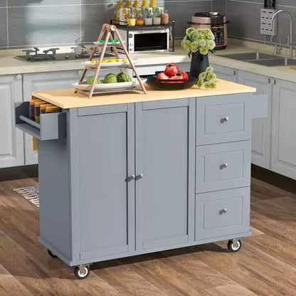 Kitchen Cart with Wood Top and Drop Leaf Breakfast Bar, Rolling Mobile Kitchen Island with Storage and Towel Rack