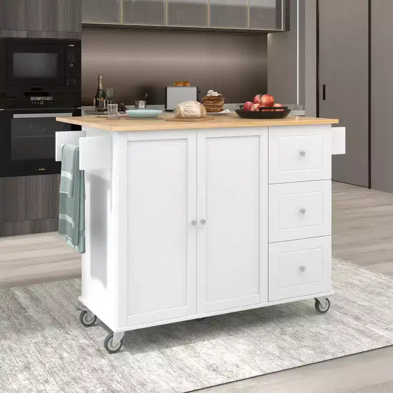 Kitchen Cart with Wood Top and Drop Leaf Breakfast Bar, Rolling Mobile Kitchen Island with Storage and Towel Rack