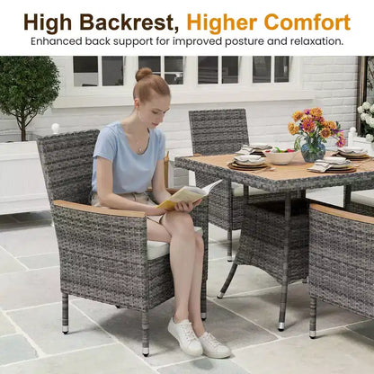 Patio Dining Sets for 4, All Weather Rattan Outdoor Table and Chairs with Acacia Wood Tabletop