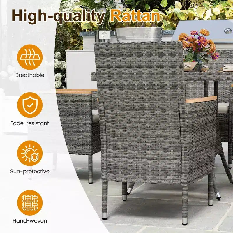 Patio Dining Sets for 4, All Weather Rattan Outdoor Table and Chairs with Acacia Wood Tabletop