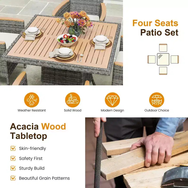 Patio Dining Sets for 4, All Weather Rattan Outdoor Table and Chairs with Acacia Wood Tabletop