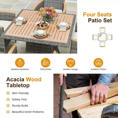 Patio Dining Sets for 4, All Weather Rattan Outdoor Table and Chairs with Acacia Wood Tabletop