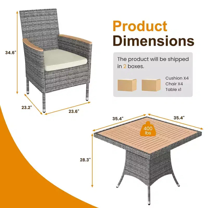 Patio Dining Sets for 4, All Weather Rattan Outdoor Table and Chairs with Acacia Wood Tabletop