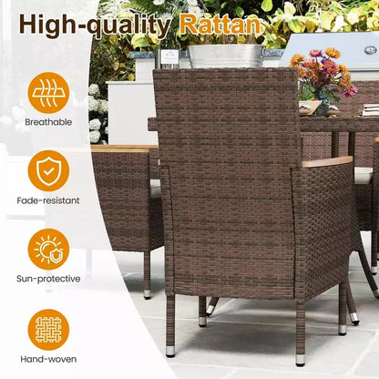 Patio Dining Sets for 4, All Weather Rattan Outdoor Table and Chairs with Acacia Wood Tabletop