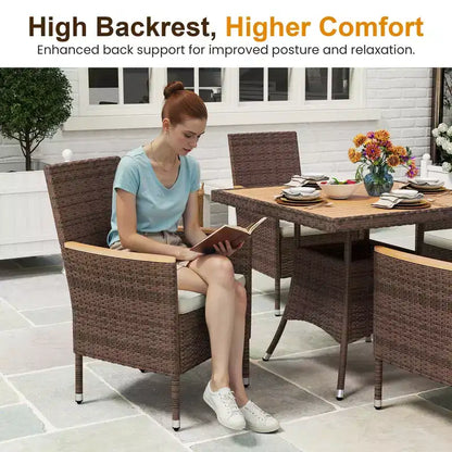 Patio Dining Sets for 4, All Weather Rattan Outdoor Table and Chairs with Acacia Wood Tabletop